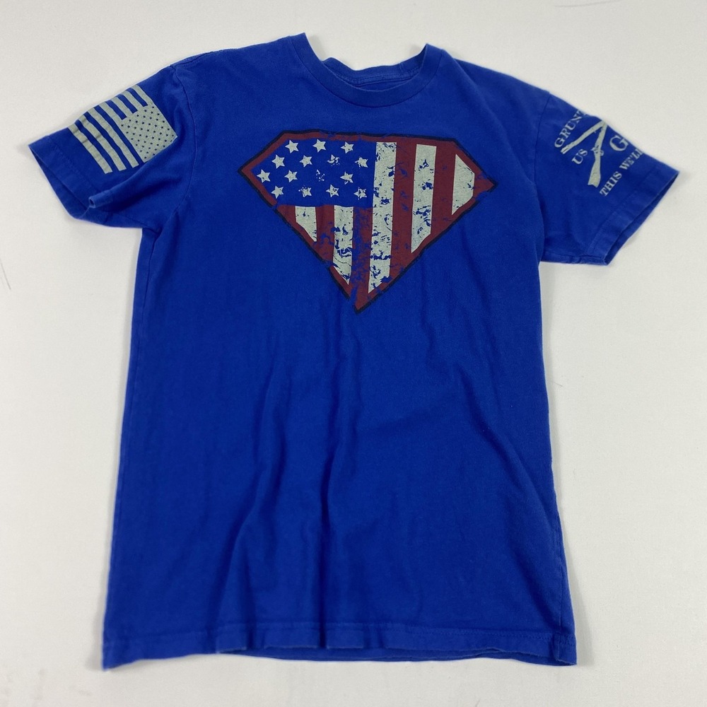 Grunt Style Shirt Mens Small Blue American Flag Superman Shield Graphic Tee